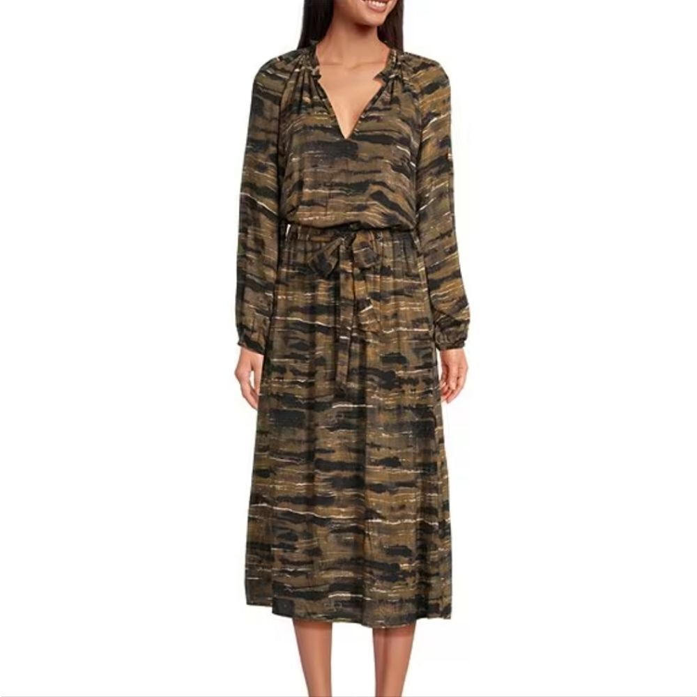 Cloth & Stone Ruffled V-Neck Animal Print Belted Midi Dress Small